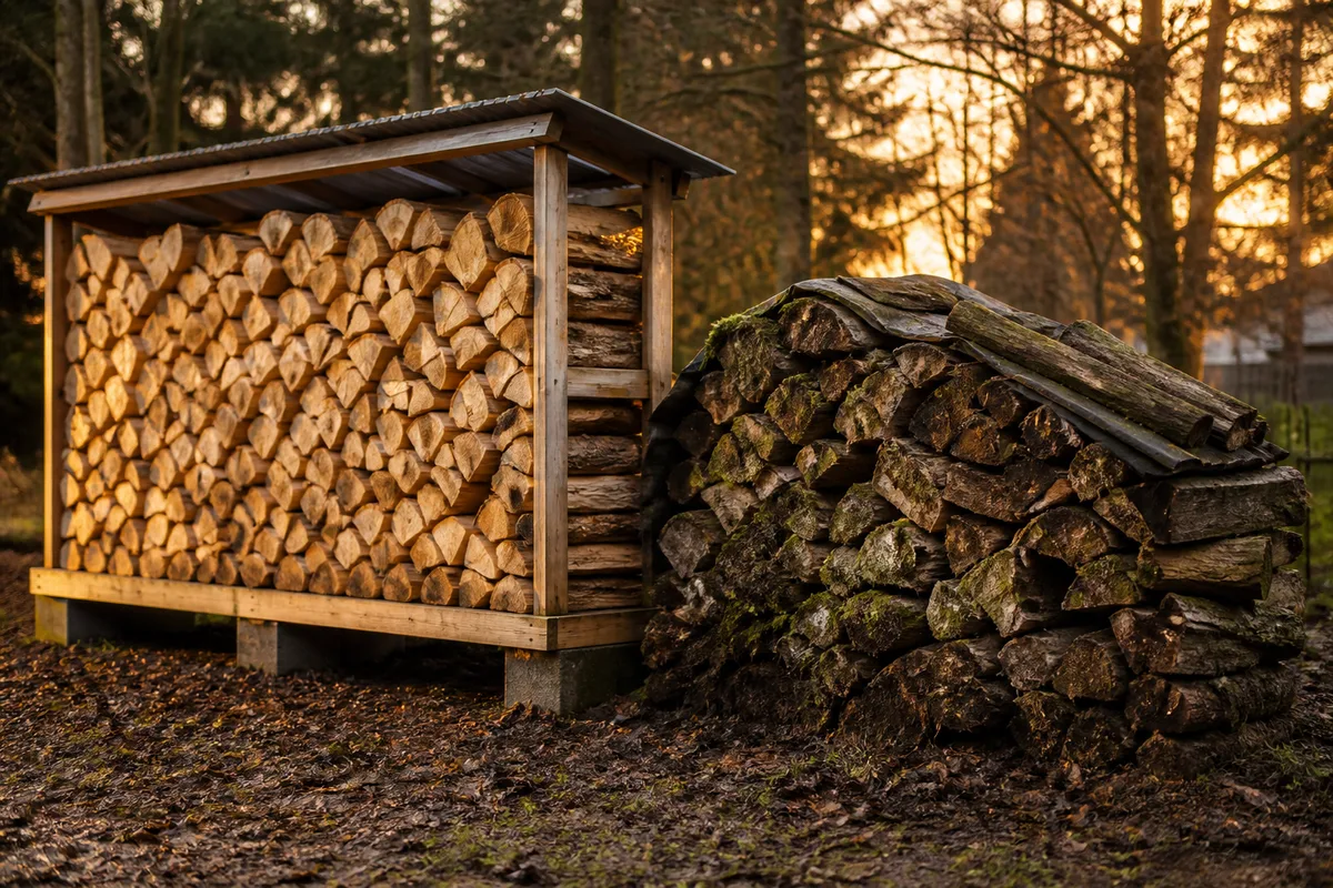 Stockage du bois de chauffage à l'extérieur : le tas qui sèche et celui qui pourrit